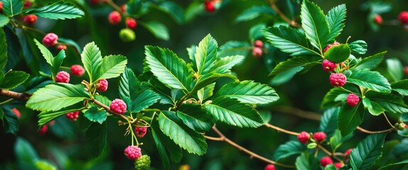 Obraz premium Close-up of raspberry plant with vibrant green leaves and ripe red berries on branches in natural light setting