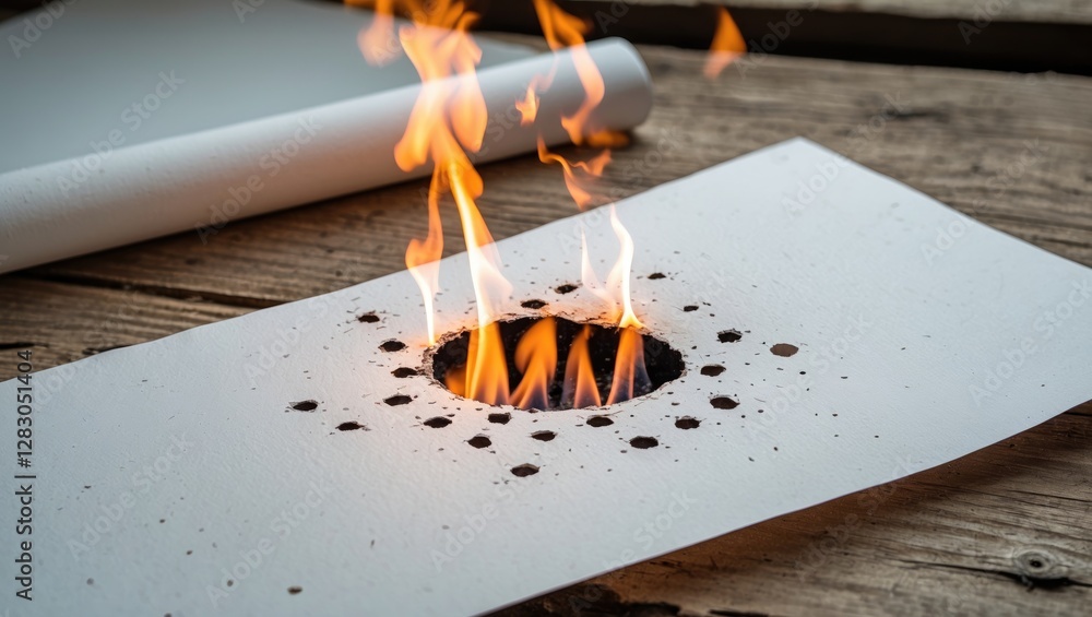 Aufkleber flames emerging from a burned hole in a white sheet of paper on a wooden surface with a rolled paper