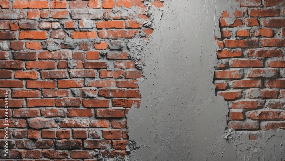 Aufkleber brick wall with exposed red bricks and uneven cement patches creating an industrial textured backgro