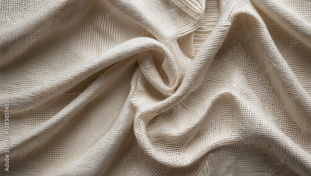 Poster textured cream colored fabric draped in soft folds with a subtle woven pattern ideal for background 