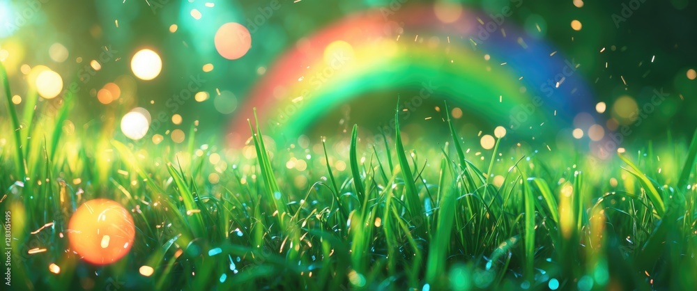 Aufkleber vibrant green grass with rainbow and bokeh lights in background creating a colorful and magical natu