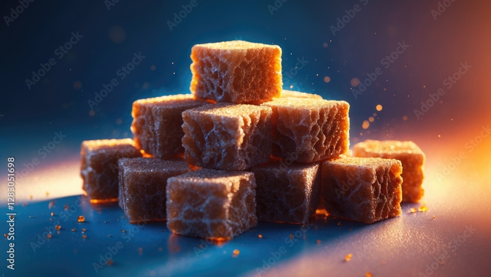 Poster elegant arrangement of brown sugar cubes illuminated with dramatic lighting creating a visually appe