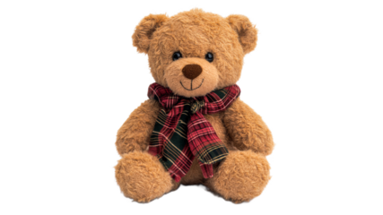 Cute teddy bear wearing a plaid scarf sits happily
