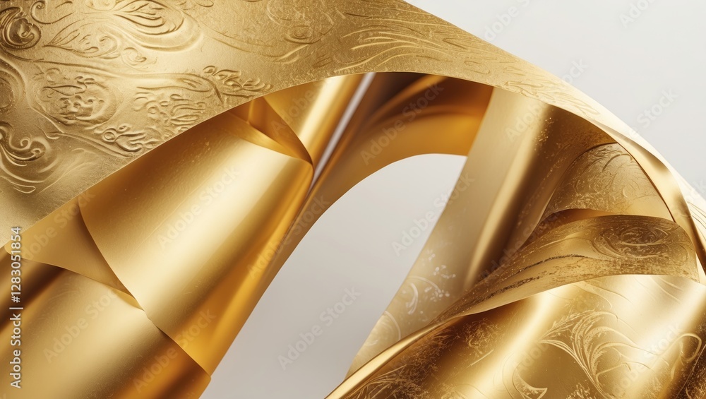 Poster golden textured paper with intricate embossed patterns elegantly rolled and folded on a light backgr