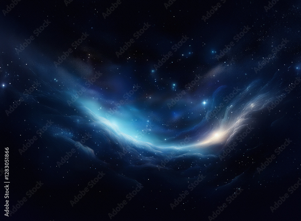 Poster cosmic background featuring a swirling nebula with bright stars illuminating the dark expanse. deep 