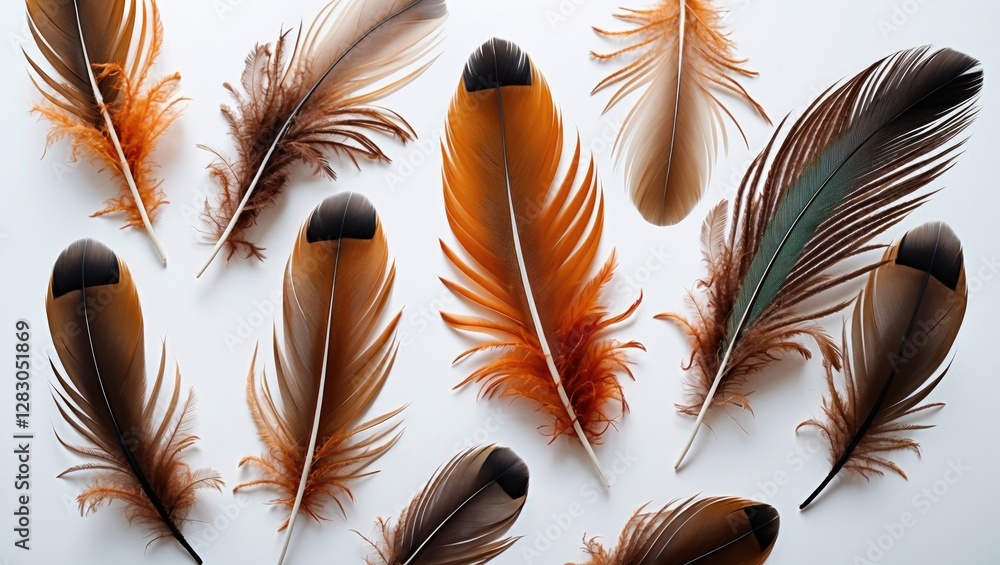 Poster colorful collection of brown bird feathers arranged artistically on a white background showcasing in
