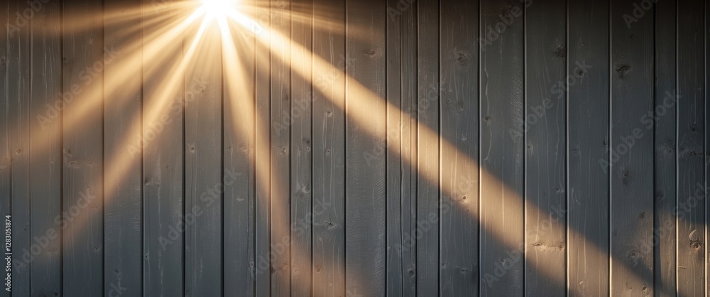 Poster sunlight rays streaming through a dark wooden wall creating a textured background with contrasting l