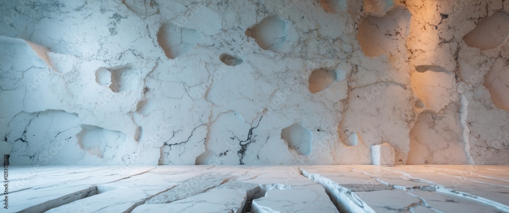 Poster textured wall with cracks and holes in an empty room lit by soft light creating an industrial and mo