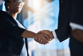 Corporate, people and welcome with handshake in office of introduction, partnership and deal....