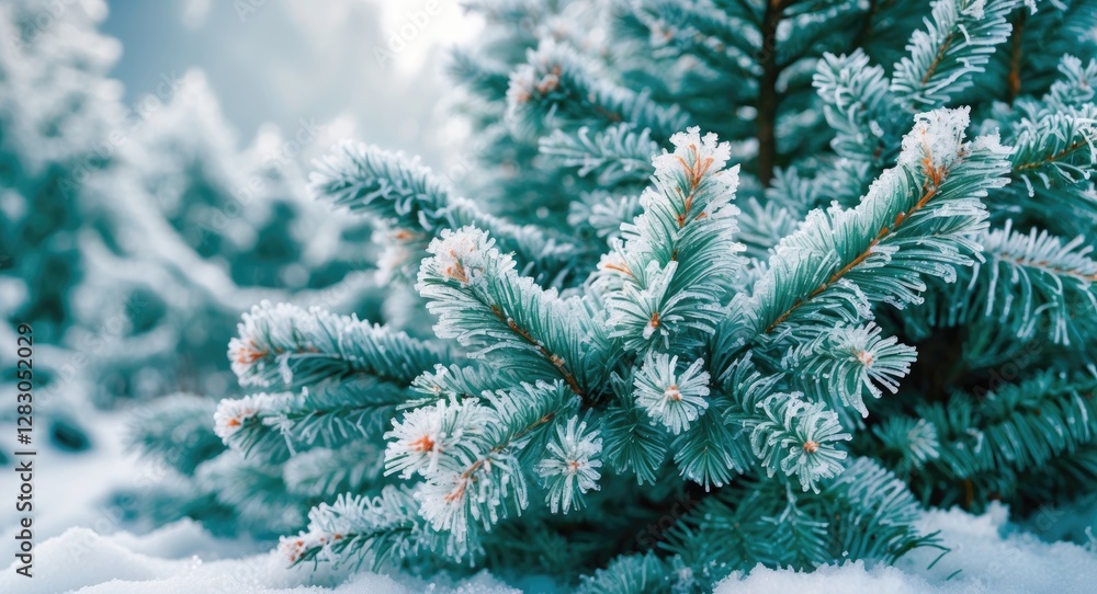 Poster frosted evergreen branches covered in snow with soft sunlight filtering through the trees in a winte