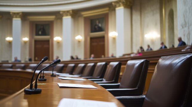 A legislative hall with officials discussing tax reform policies. Featuring economic balance and equity