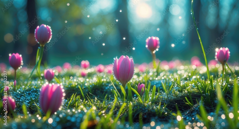 Poster pink tulip flowers with dew drops on grass in a sunlit garden setting during spring season. blurred 