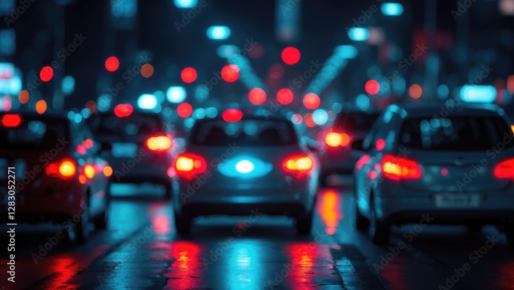 Aufkleber abstract night traffic scene with blurred vehicle lights creating a colorful bokeh effect in a bustl