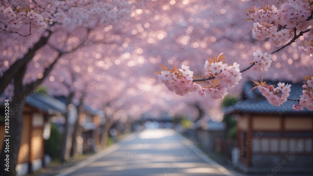 Poster cherry blossoms lined street in japan with soft bokeh background creating a serene and tranquil spri