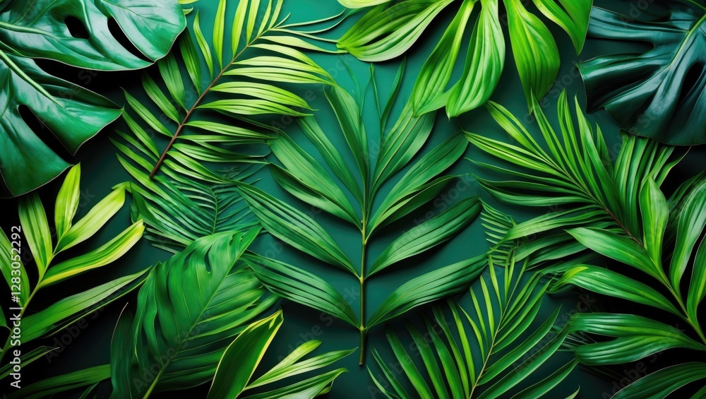 Poster tropical green leaves background texture with various leaf shapes and patterns arranged on a solid c