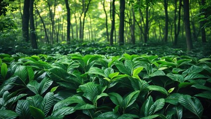 Dense green foliage in a forest setting with tall trees and vibrant leaves illuminated by soft natural light