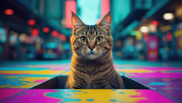 Tabby cat sitting in colorful square on a vibrant city street with blurred background and vivid colors showcasing urban life.