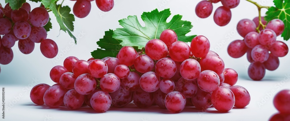 Aufkleber red grapes with green leaves on a light background arranged in a cluster with scattered grapes aroun