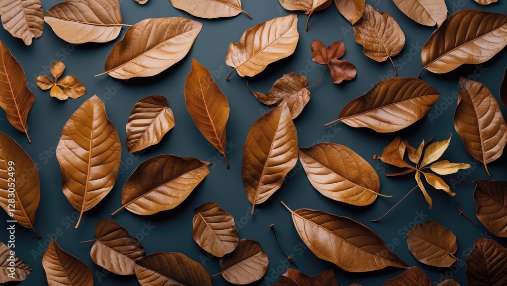 Wall mural Dried brown leaves arranged on a dark surface showcasing diverse textures and shapes ideal for nature themed backgrounds and designs.