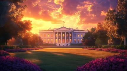 Hyper-realistic image of the White House lawn at golden hour, intricate details of the iconic building glowing in the golden light, with a vibrant sky transitioning from orange to purple,