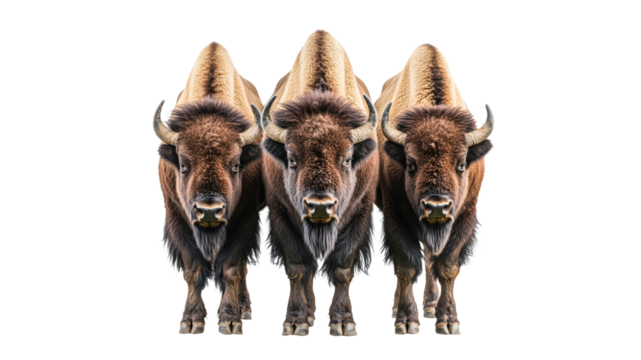 Buffalo herd lined up on white background