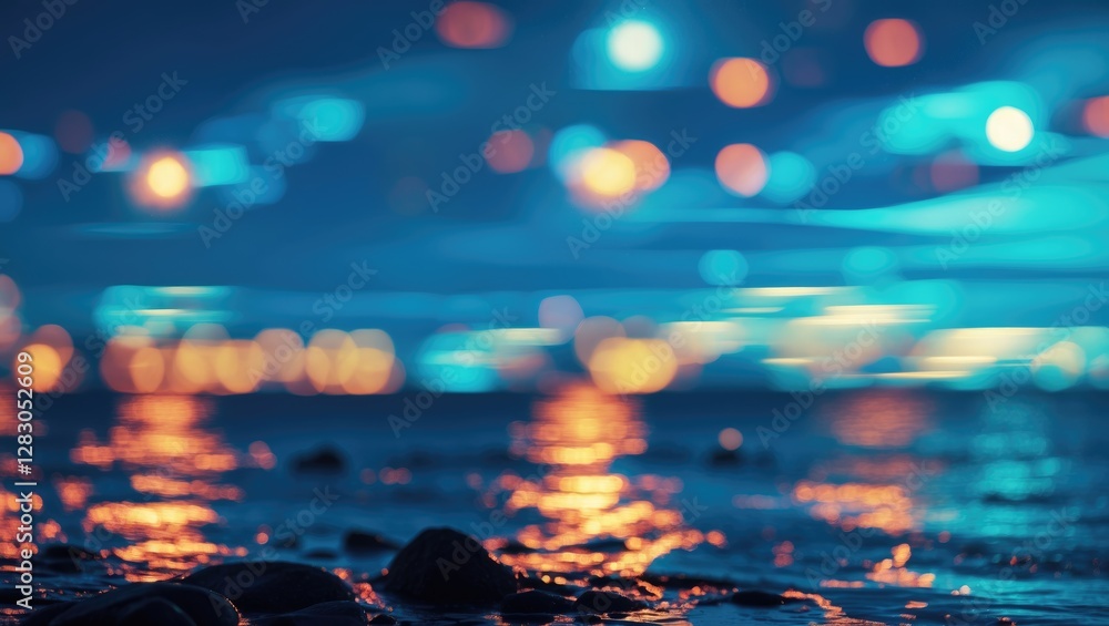 Poster nighttime seascape with blurred vibrant lights reflecting on water creating a dreamy atmosphere and 