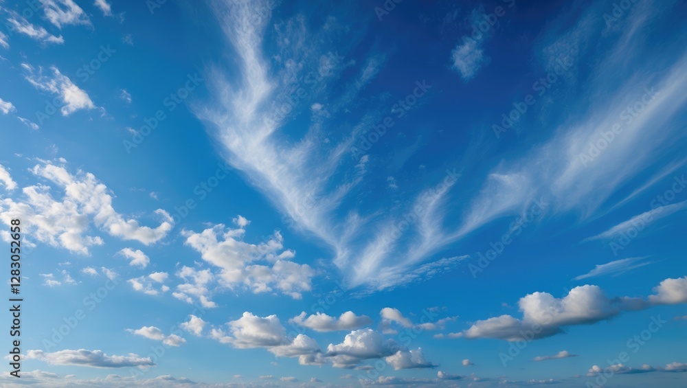 Poster vast blue sky with wispy clouds creating a serene and tranquil backdrop perfect for nature-themed pr