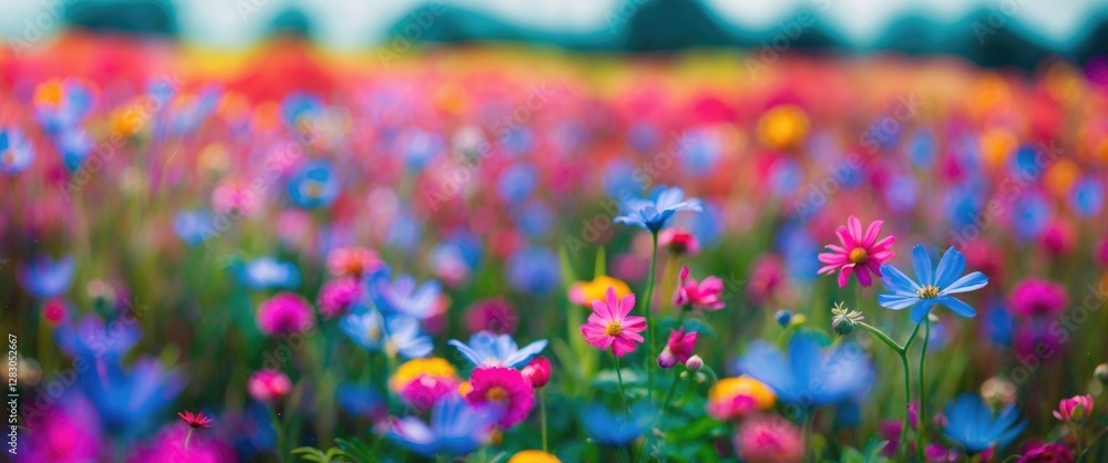 Poster vibrant blurred background of a colorful flower field with various blossoms in soft focus creating a