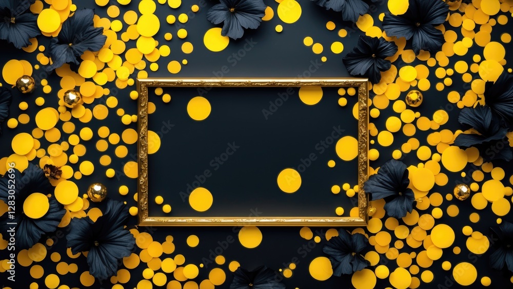 Poster floral bokeh background with yellow and black elements featuring a golden frame ideal for creative a