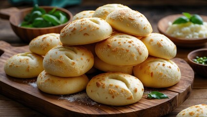Freshly baked cheese bread rolls stacked on a wooden board with herbs and ingredients in the background