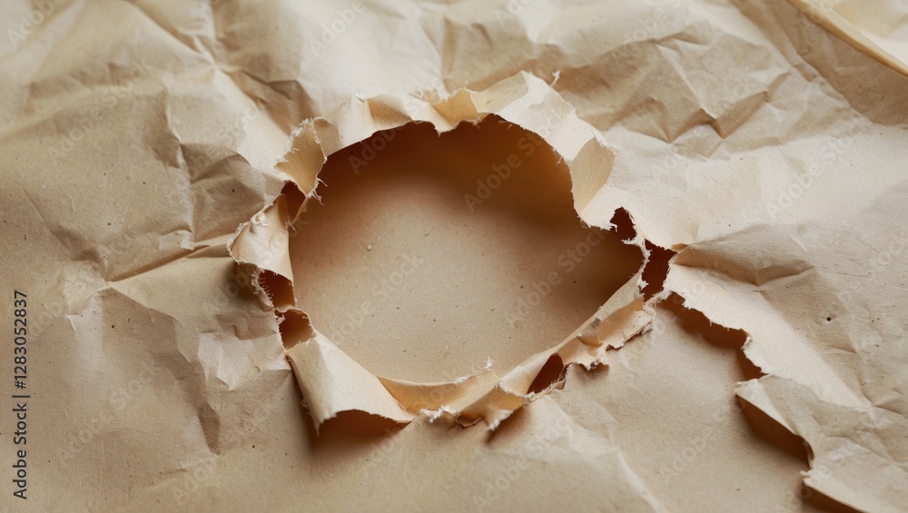 Poster crushed crumpled paper sheet with torn circular hole in center revealing empty background