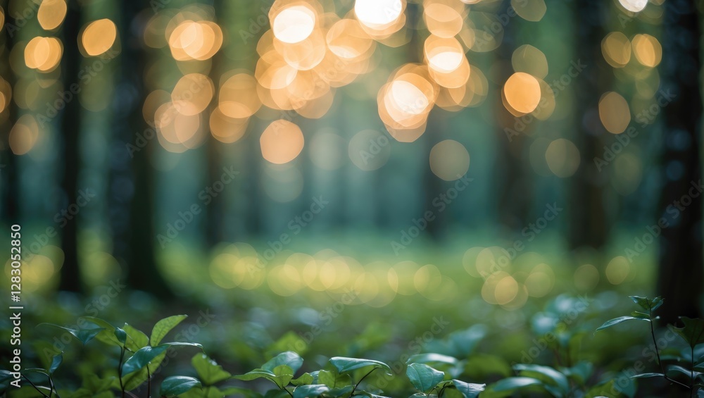Poster serene blurred forest background with enchanting natural bokeh and soft green foliage creating a tra