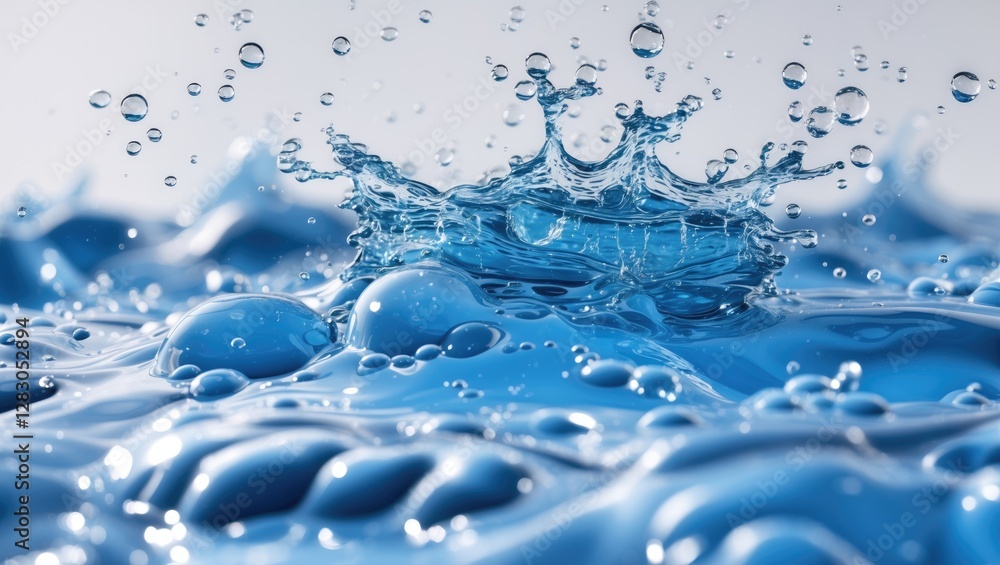 Poster blue water surface with dynamic bubbles and splashes creating a vibrant aquatic scene on a clean whi