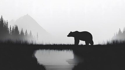 Solitary bear standing on a misty bridge, wilderness landscape with mountains and forest in the background, serene atmosphere.