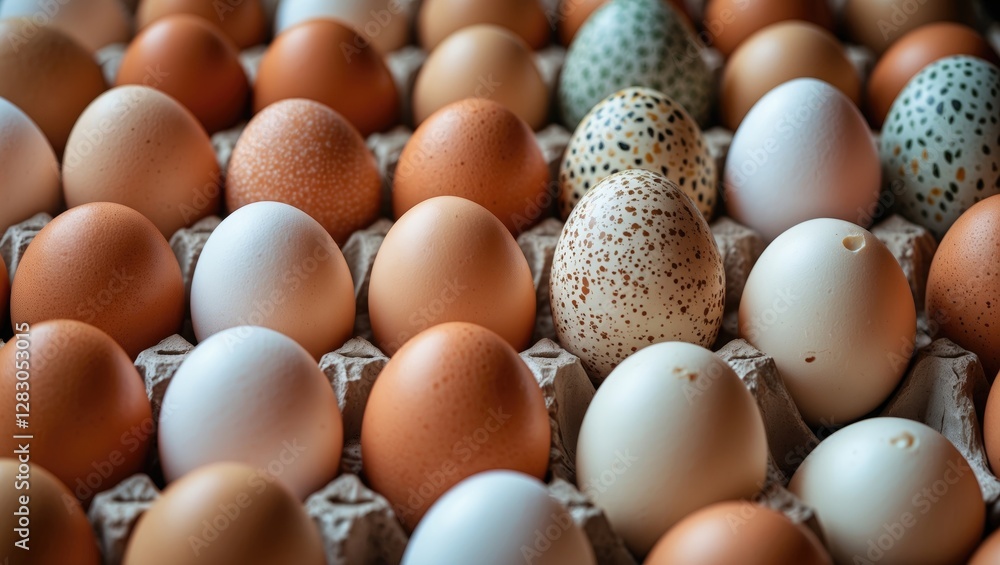 Poster close-up of assorted chicken eggs in tray showcasing diverse colors and patterns for culinary or far