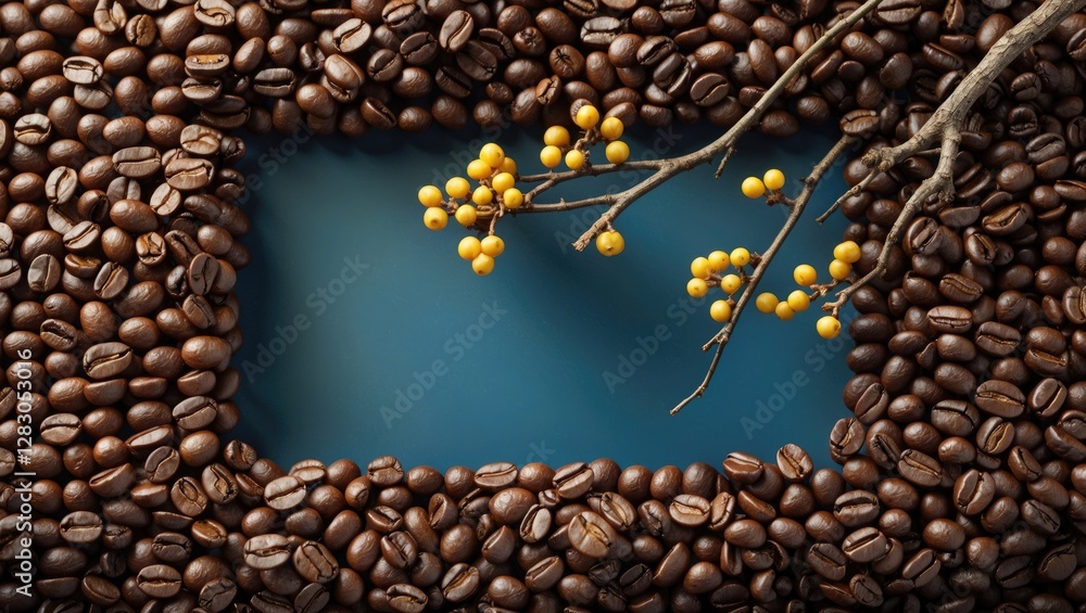 Poster coffee beans arranged in a rectangular frame with a blue background and yellow berries on a branch p