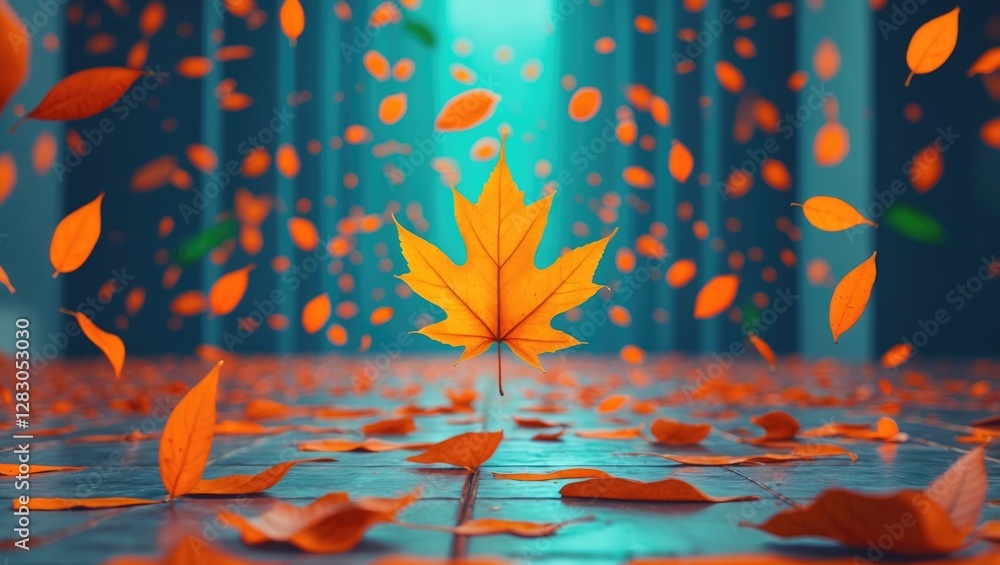 Poster autumn leaves falling in a tranquil setting with a focus on an orange maple leaf amidst scattered fo