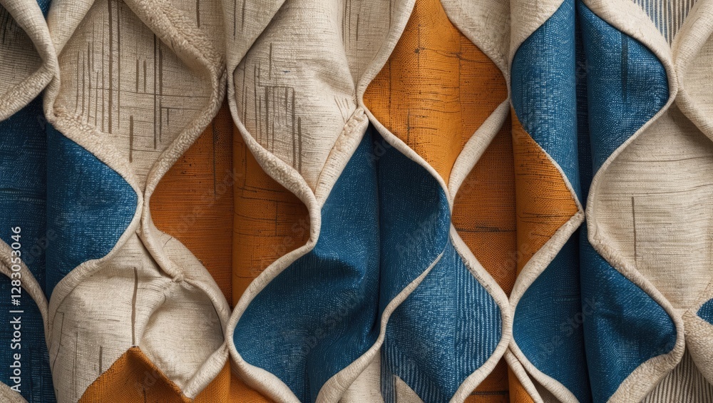 Poster decorative fabric with geometric design in blue orange and beige with textured patterns and folds cr