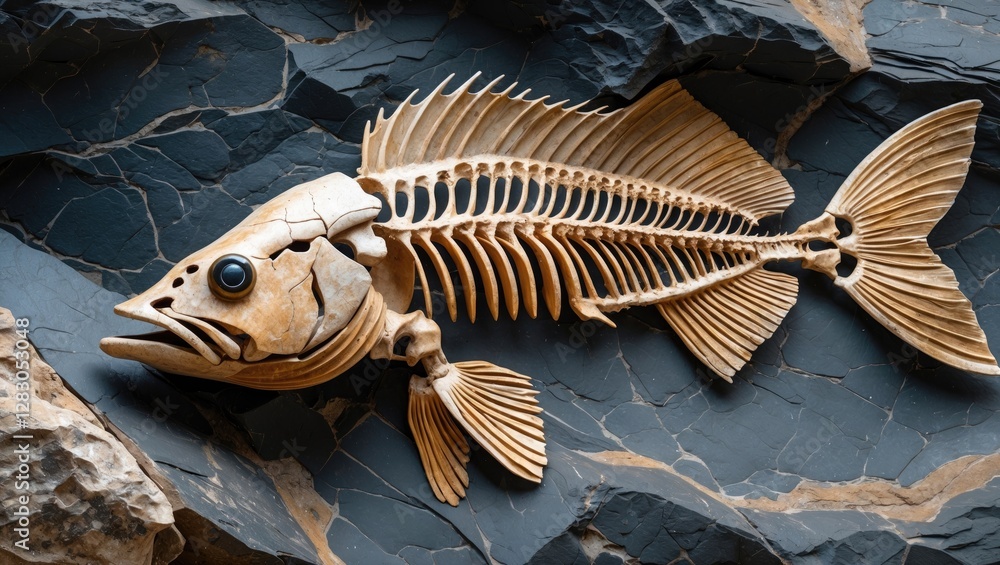 Poster fossilized fish skeleton displayed on a dark rock surface with intricate details of bone structure a