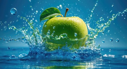 Green apple splashing into water creating vibrant droplets and ripples against a blue background