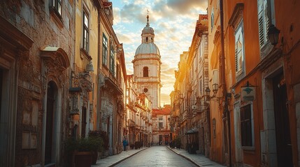 Fototapeta premium majestic old city with a historic landmark church and a tall tower surrounded by narrow streets and beautiful vintage architecture under a cloudy sky