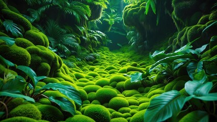 Lush green forest landscape with vibrant moss-covered ground and tropical foliage in a serene natural setting