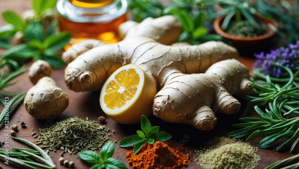Poster ginger root with lemon and assorted herbs and spices arranged on a wooden surface with oil in the ba