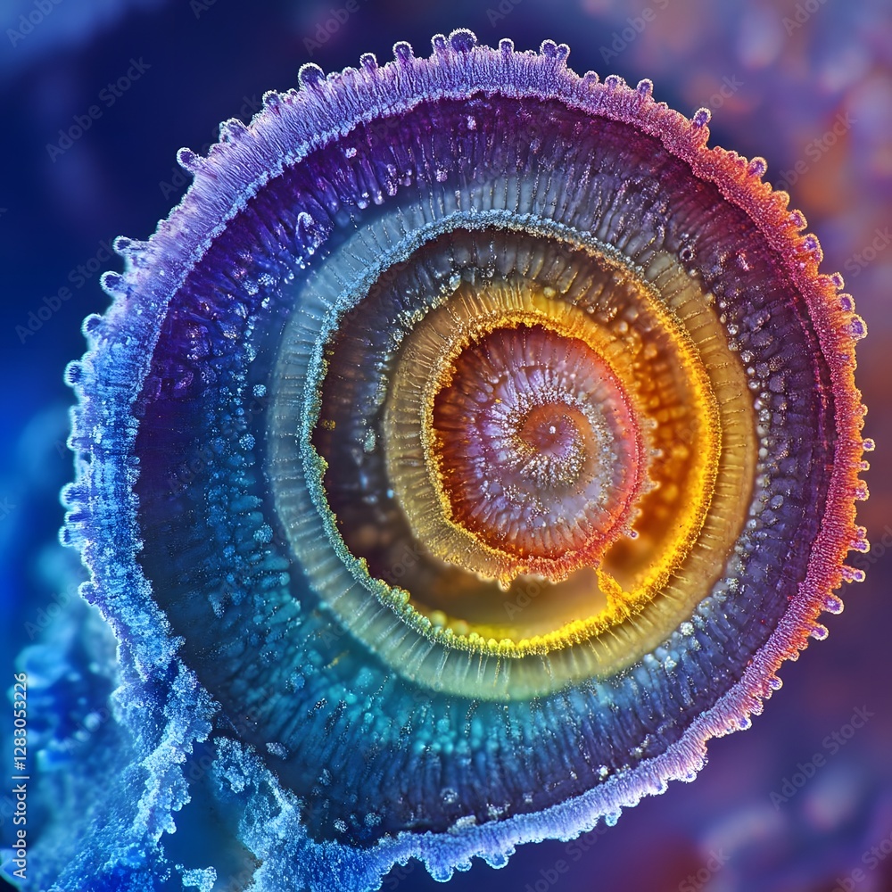 Poster vibrant close-up of a colorful spiral structure resembling a shell, set against a blurred abstract b