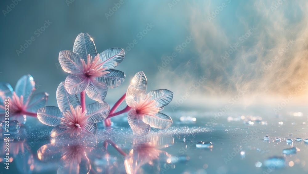 Poster delicate pink translucent flowers reflecting on a wet surface with soft colorful background and ligh