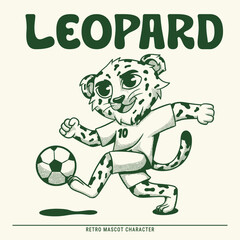 Leopard Happy Playing Soccer Retro Mascot