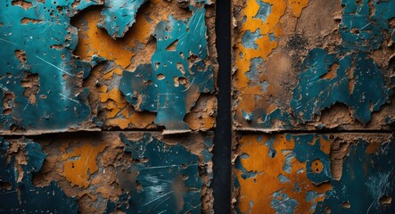 Weathered blue and orange peeling paint on textured wall surface with visible cracks and imperfections in industrial style background