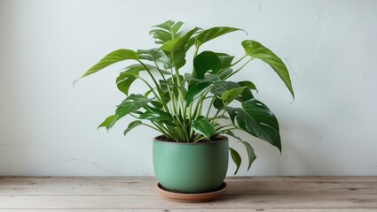 Fototapeta premium Green monstera plant in modern pot on wooden table against plain wall indoor setting