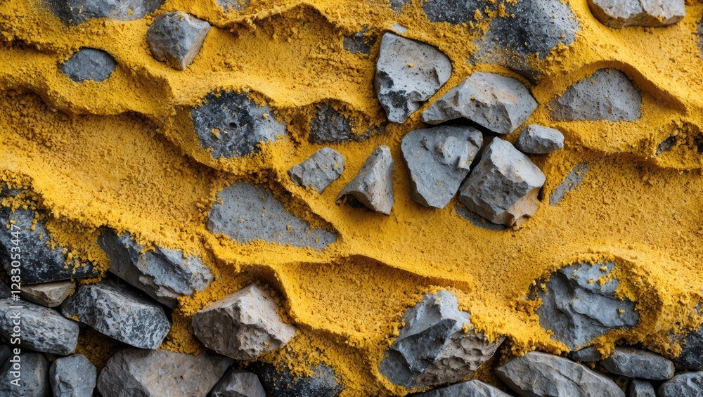 Poster close-up view of textured surface with yellow sand and gray stones creating a natural abstract patte