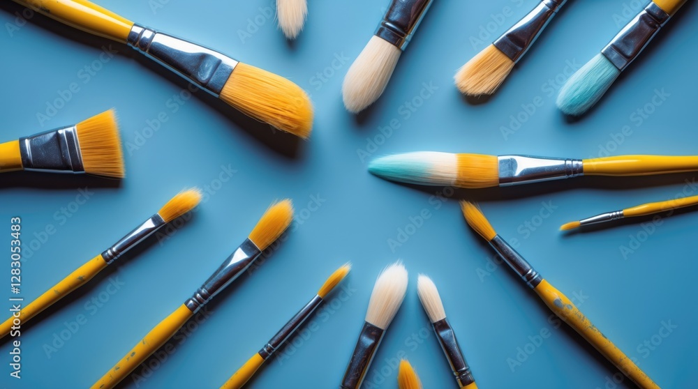 Poster colorful paintbrushes arranged in a circular pattern on a light blue background emphasizing educatio